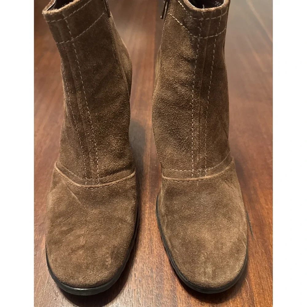 Franco Sarto Suede Ankle Boots Brown Womens 6.5 Block Heel‎ Booties Made Brazil
